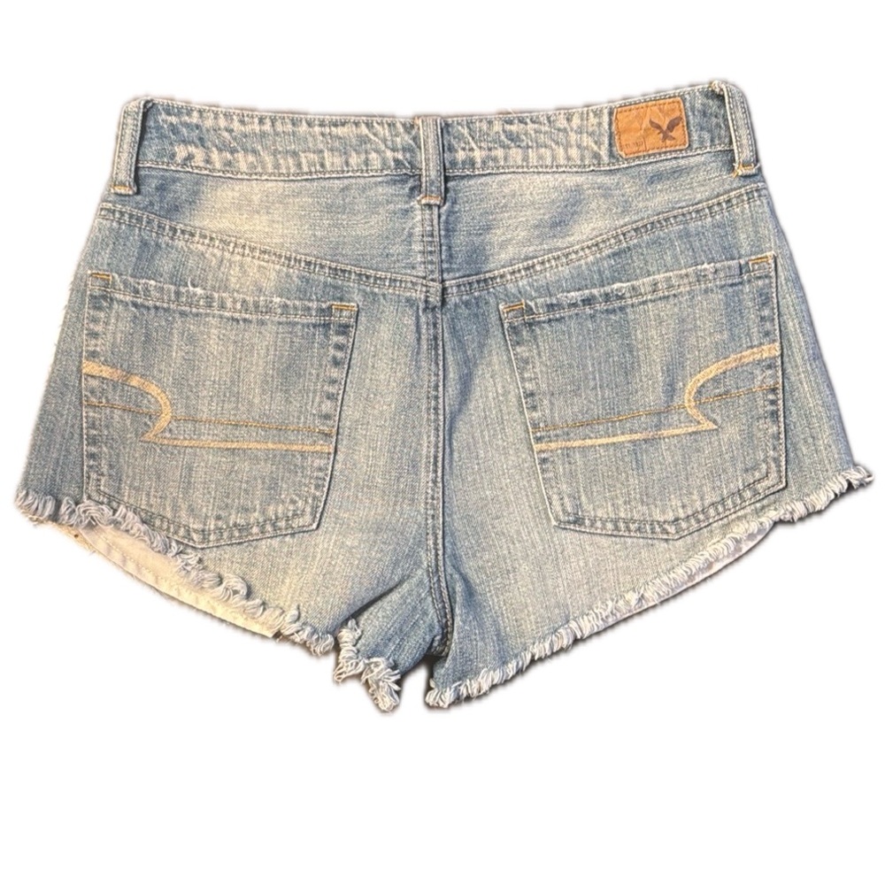 American Eagle Hi Rise Festival Cut Off Denim Blue Jean Fringe Shorts Women 6
